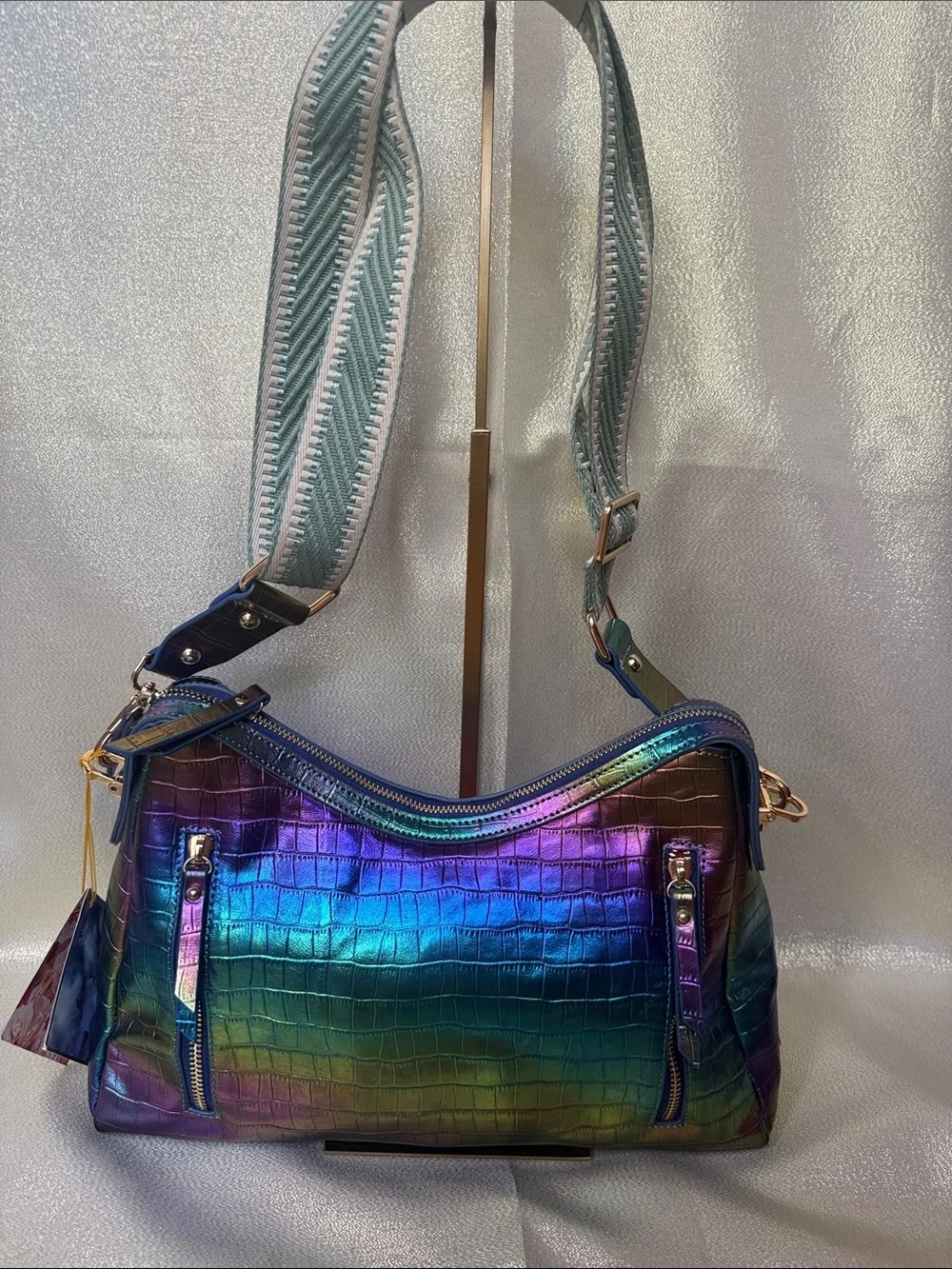 Sharif Iridescent Croc-Embossed Shoulder Bag in Multicolor